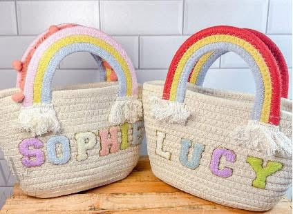 Personalized Name Patch Rainbow Handle Beach Bag